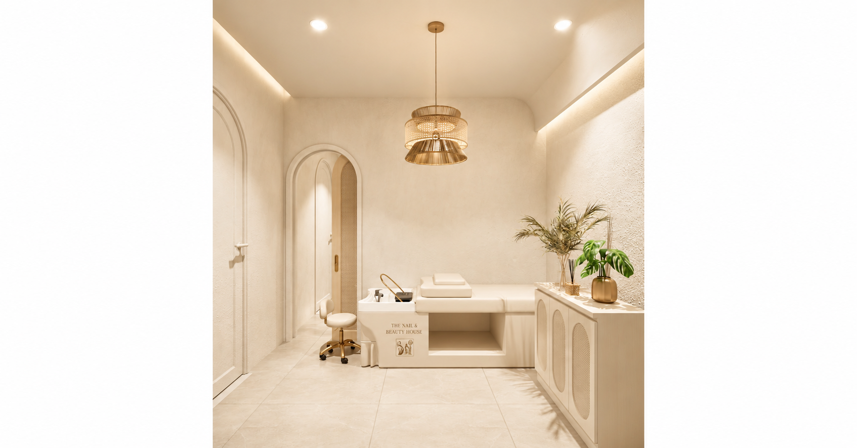 Cream-toned private head spa room concept