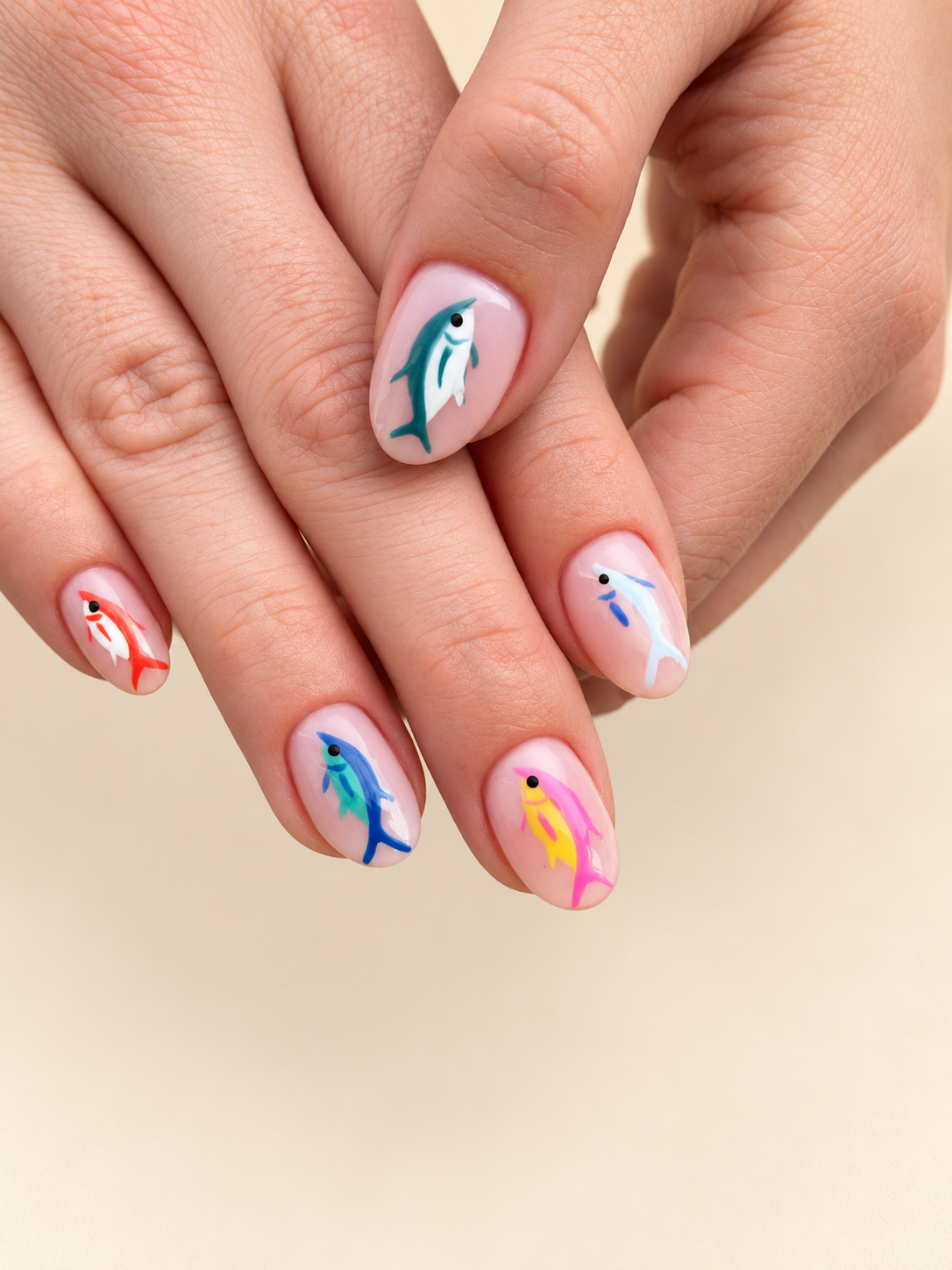 Colourful hand-painted koi fish nail art