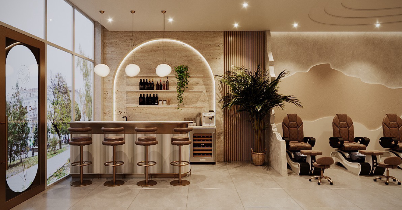 Relaxing salon refreshment bar beside pedicure chairs in the interior concept