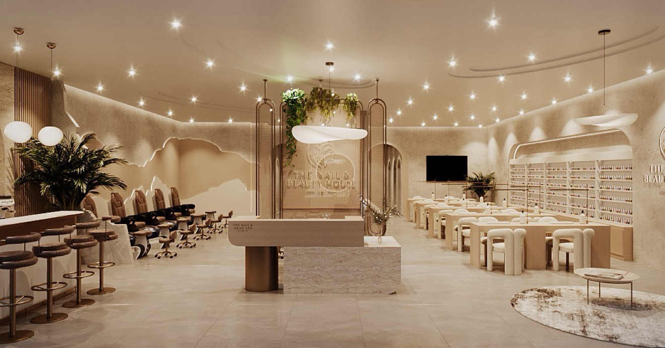 Full salon concept with reception, manicure tables, and pedicure chairs